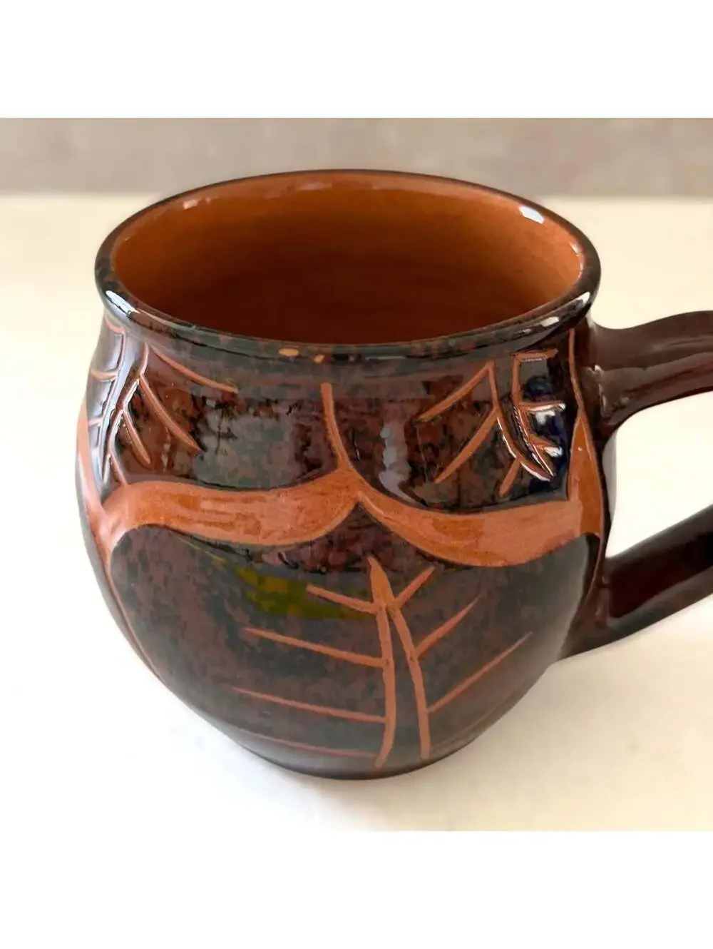 Wassi Art Jamaican Pottery Mug Pair | Hand Carved Leaf Redware Coffee Cups